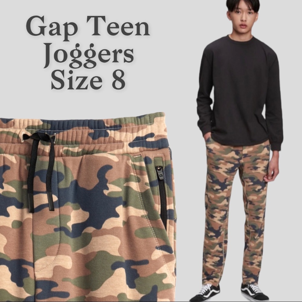 NEW! Gap Fit Pants size 8/M Camouflage COZY LINED Gap TEEN CAMO KHAKI TAN GREEN